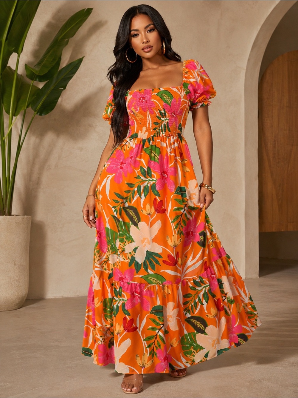 Sunny Orange Floral Maxi Dress with Puff Sleeves